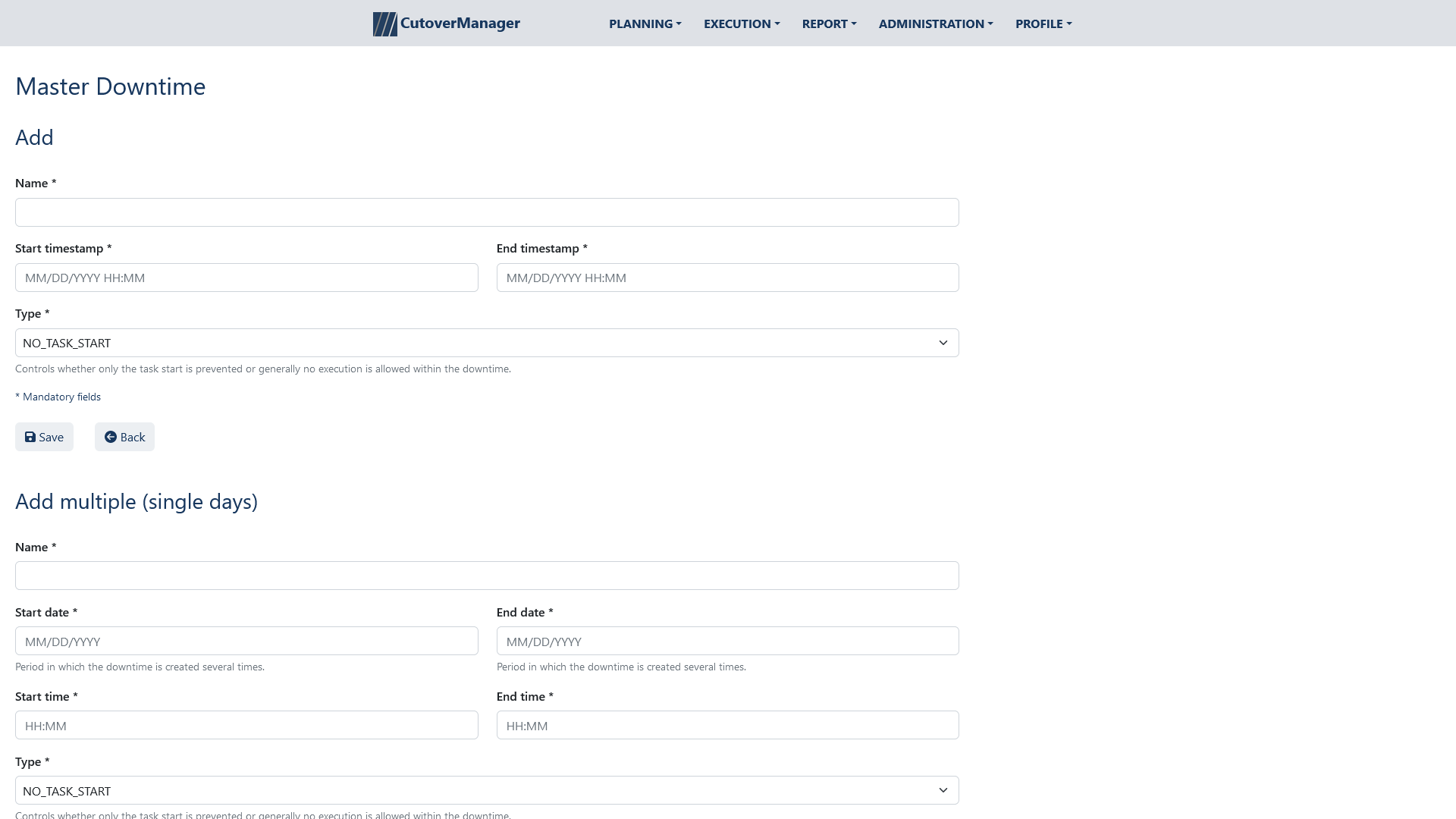 Planning – Downtimes